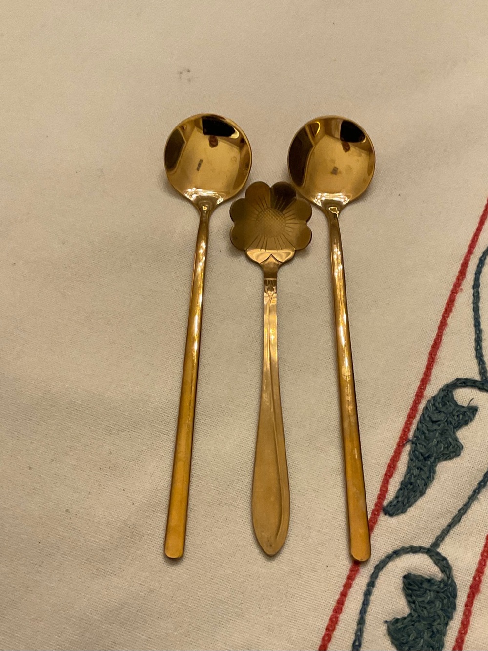 Set of 3 brass/ gold stainless entertaining spoons.  Perfect for dips and other.